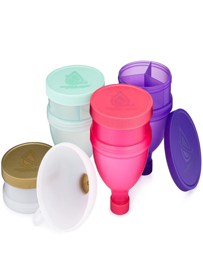 Hydra Cup [4 Pack Funnels for Filling Water Bottles with Protein Powder, 3 Compartment Pill Storage, Supplement Container Set to Go or Kitchen Use, Keychain for Shaker Cup - Image 2